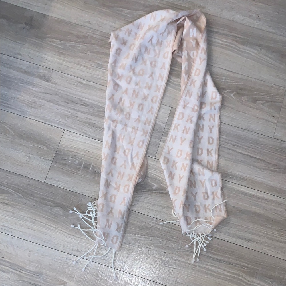 DKNY Beige White Women's Fringe Scarf Winter Logo Acrylic